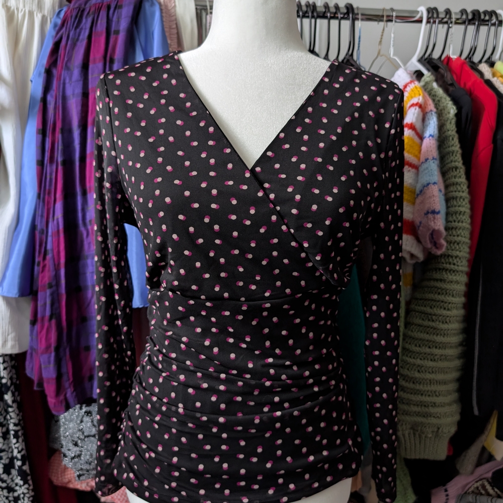 Cleo Black and Pink Polka Dot Wrap Blouse
